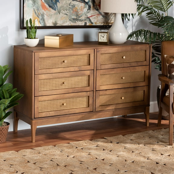Baxton Studio Ramiel Mid-Century Modern Ash Walnut Finished Wood and Rattan 6-Drawer Dresser