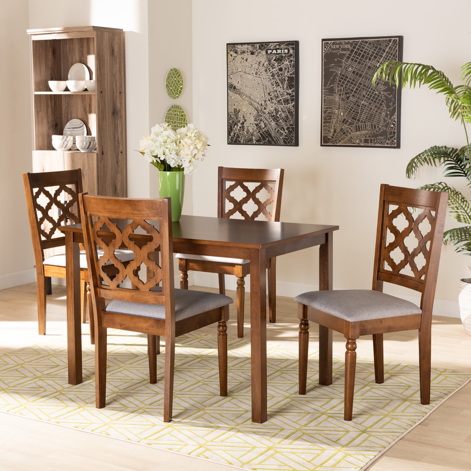 Baxton Studio Ramiro Modern and Contemporary Grey Fabric Upholstered and Walnut Brown Finished Wood 5-Piece Dining Set