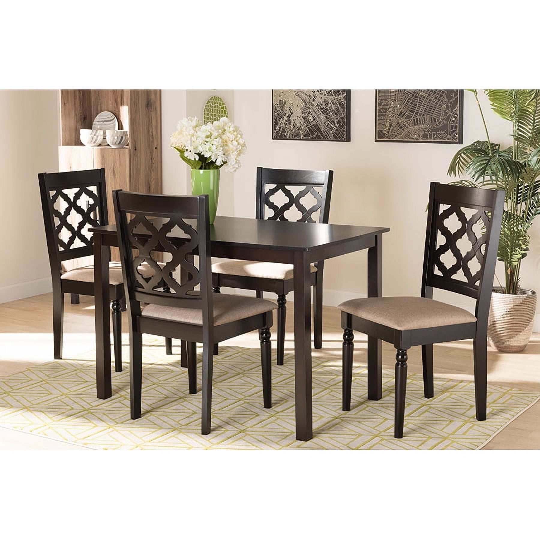 Ramiro Sand Fabric & Dark Brown Wood 5-Piece Dining Set