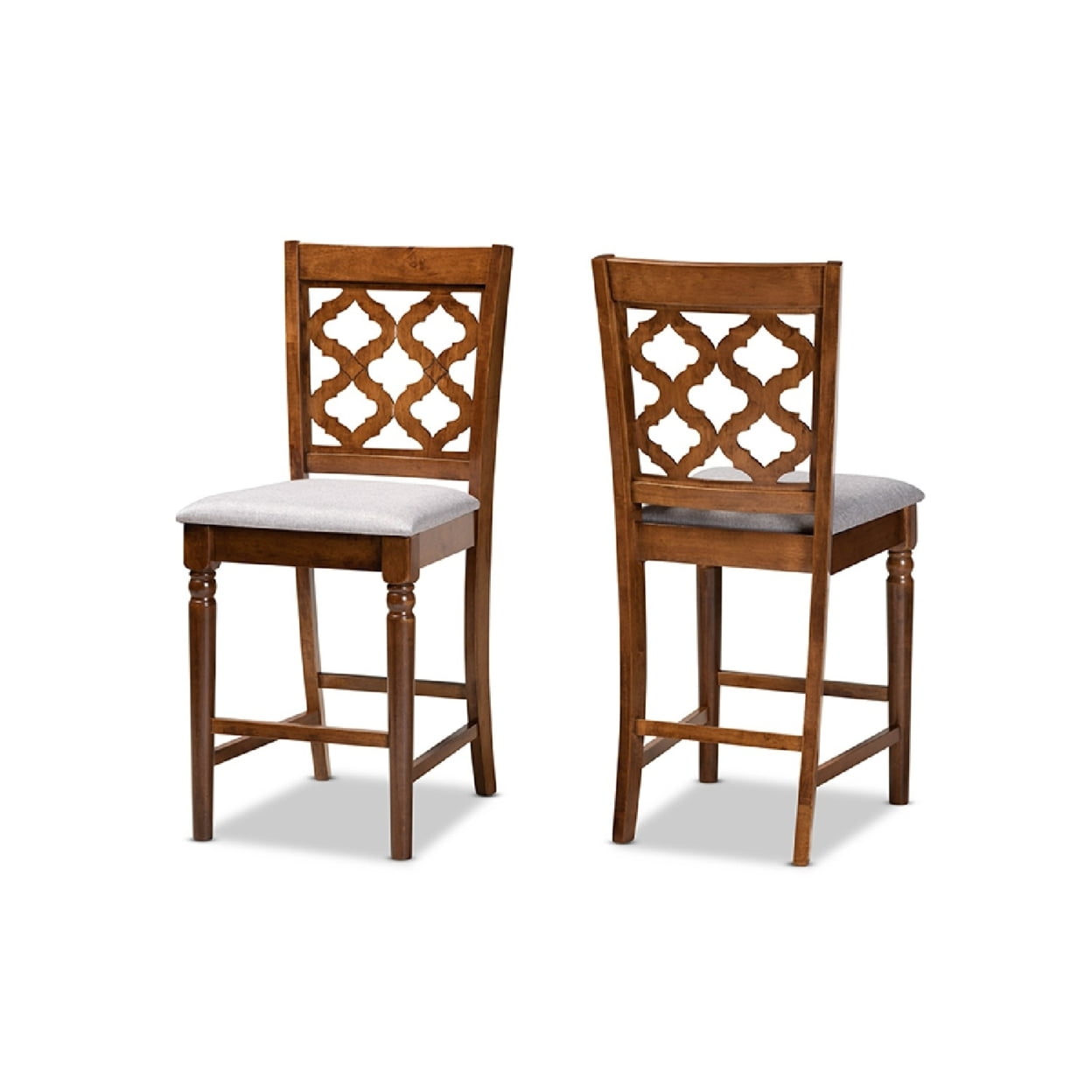 Ramiro Modern Walnut Brown and Grey Fabric Counter Stools, Set of 2