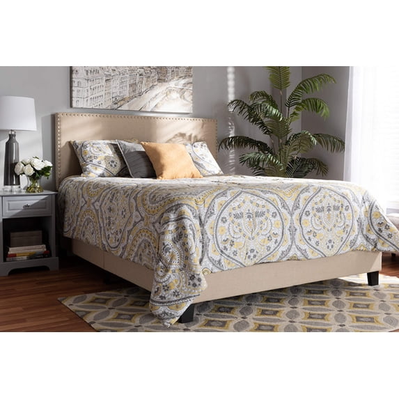 Baxton Studio Ramon Modern and Contemporary Beige Linen Fabric Upholstered King Size Panel Bed with Nailhead Trim