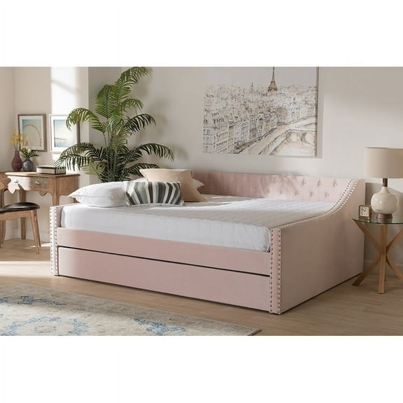 Baxton Studio Raphael Modern and Contemporary Pink Velvet Fabric Upholstered Full Size Daybed with Trundle
