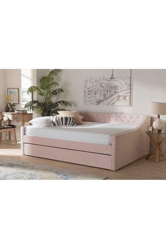 Baxton Studio Raphael Modern and Contemporary Pink Velvet Fabric Upholstered Full Size Daybed with Trundle