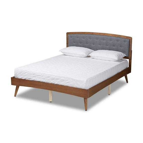 Baxton Studio Ratana Mid-Century Modern Transitional Grey Fabric Upholstered and Walnut Brown Finished Wood Queen Size Platform Bed