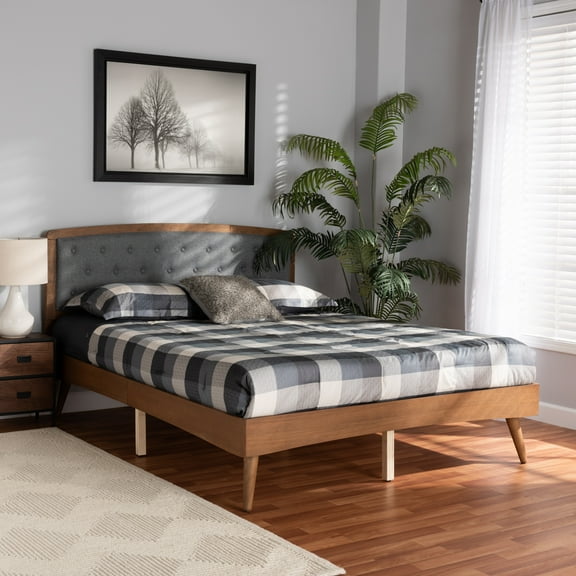 Baxton Studio Ratana Mid-Century Modern Transitional Grey Fabric Upholstered and Walnut Brown Finished Wood, Full Size Platform Bed