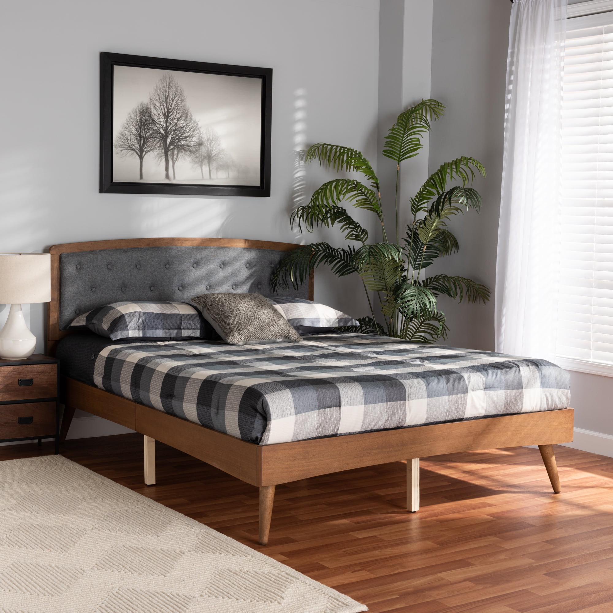 Baxton Studio Ratana Mid-Century Modern Transitional Grey Fabric Upholstered and Walnut Brown Finished Wood, Queen Size Platform Bed