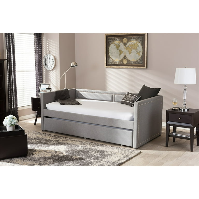 Baxton Studio Raymond Modern and Contemporary Grey Fabric Nail Heads Trimmed Sofa Twin Daybed with Roll-Out Trundle Guest Bed Baxton Studio Raymond Modern and Contemporary Grey Fabric Nail Heads Trimmed Sofa Twin Daybed with Roll-Out Trundle Guest Bed