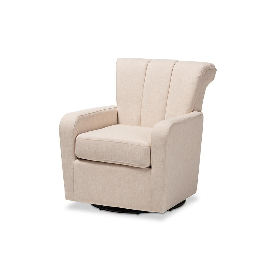 Beige Channel-Tufted Leather Swivel Accent Chair with Manufactured Wood