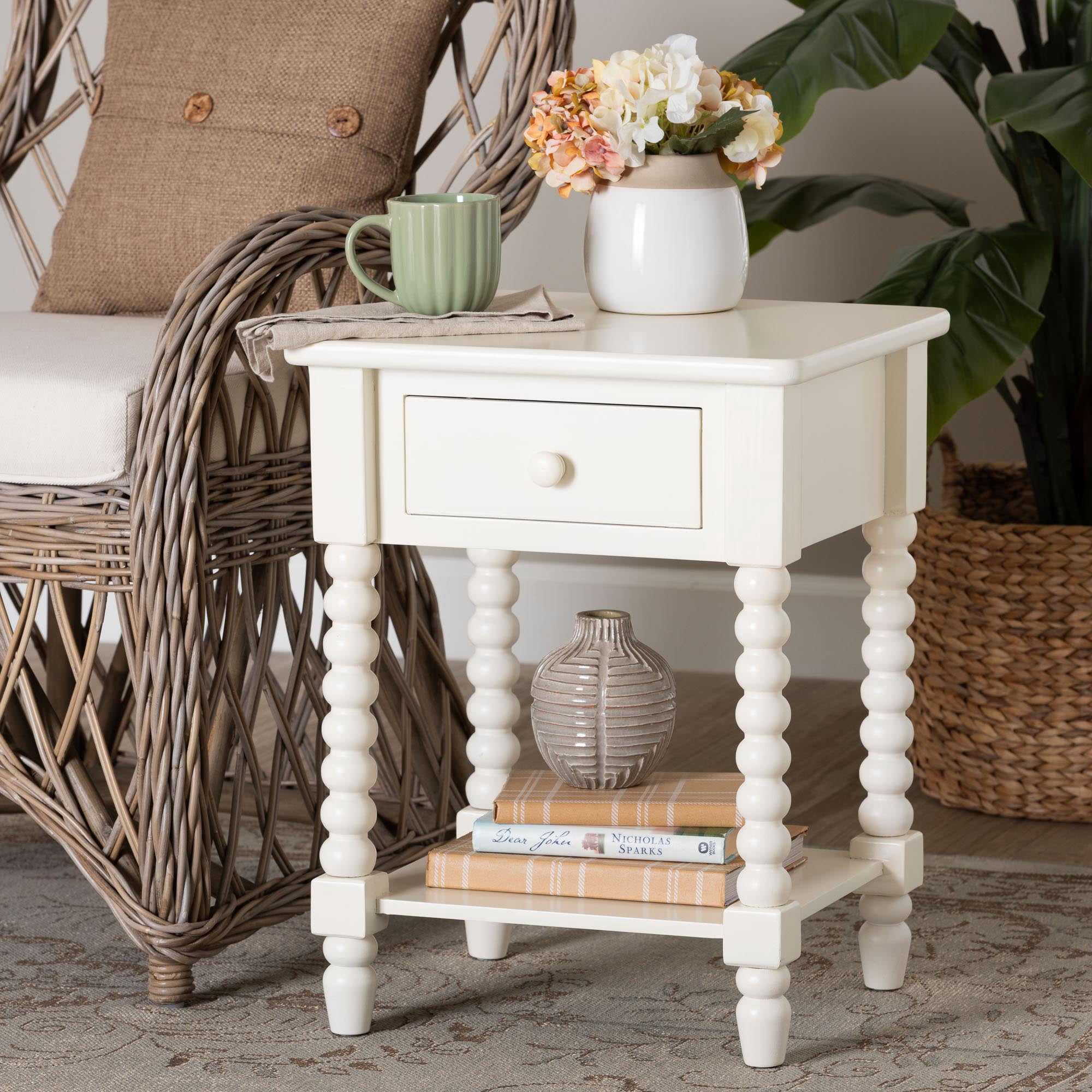 Baxton Studio Raynera Mid-Century End Table, 1-Drawer, White
