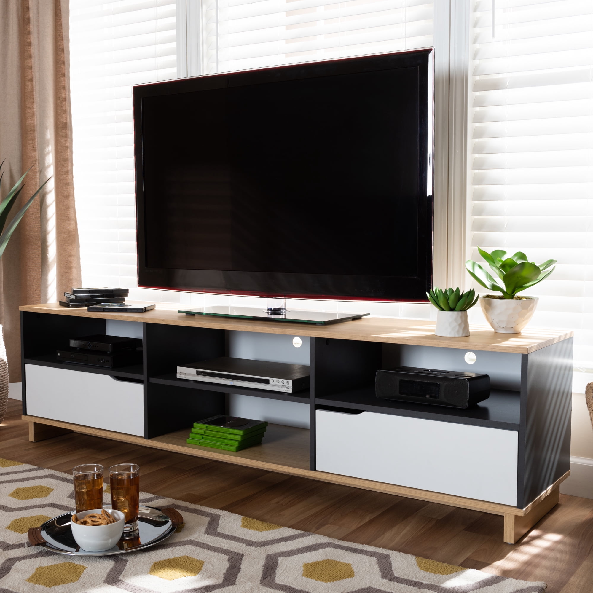 Baxton Studio Reed Mid-Century Modern Multicolor 2-Drawer Wood TV Stand