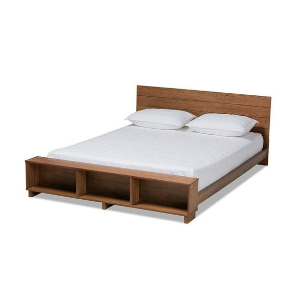 Baxton Studio Regina Modern Rustic Ash Walnut Brown Finished Wood Queen Size Platform Storage Bed with Built-In Shelves