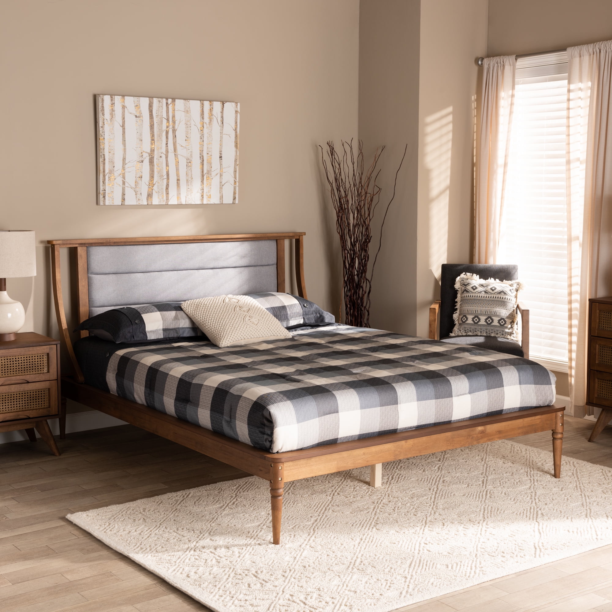 Baxton Studio Regis Modern and Contemporary Transitional Light Grey Fabric Upholstered and Walnut Brown Finished Wood King Size Platform Bed