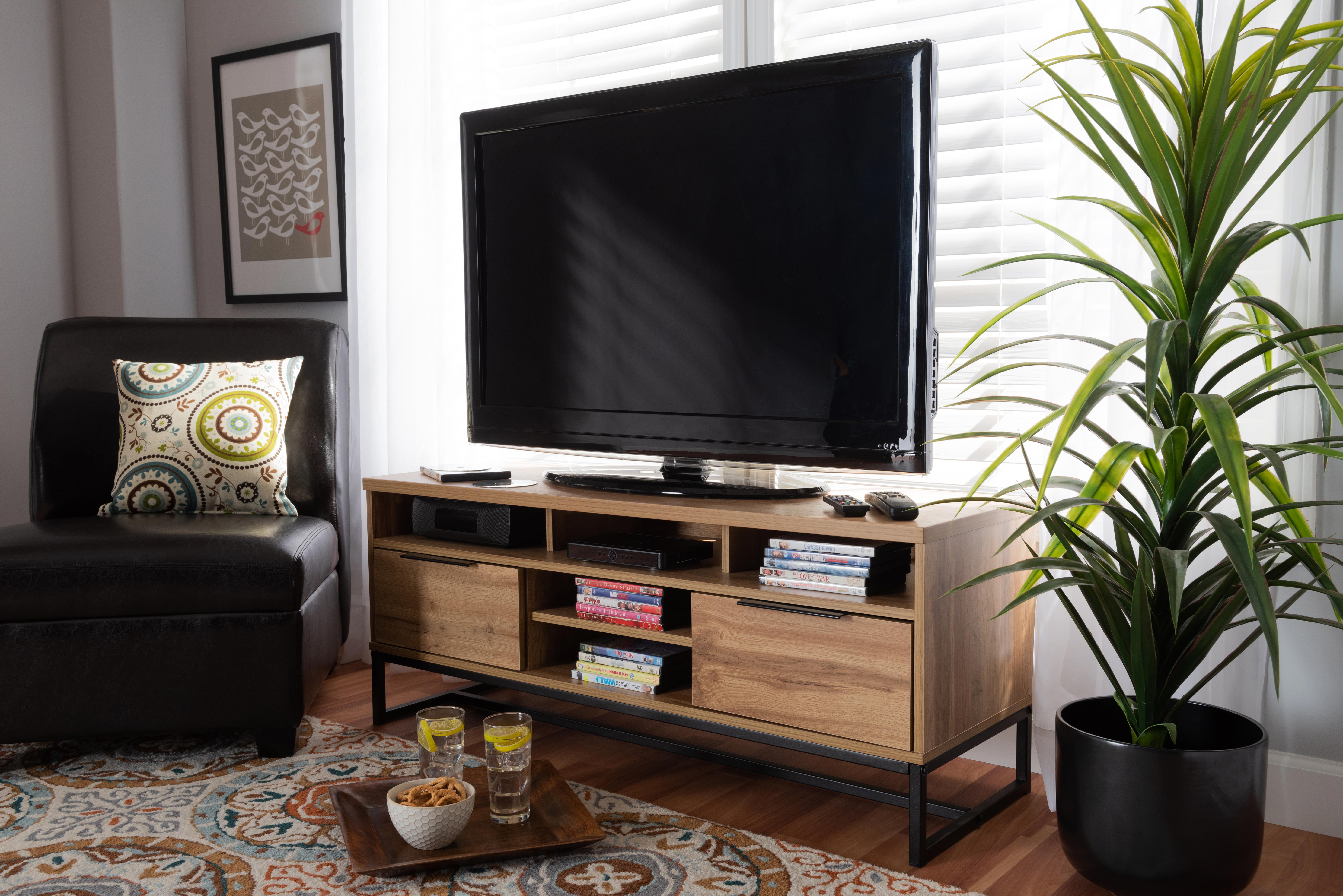 Reid Oak and Black Metal 2-Drawer TV Stand