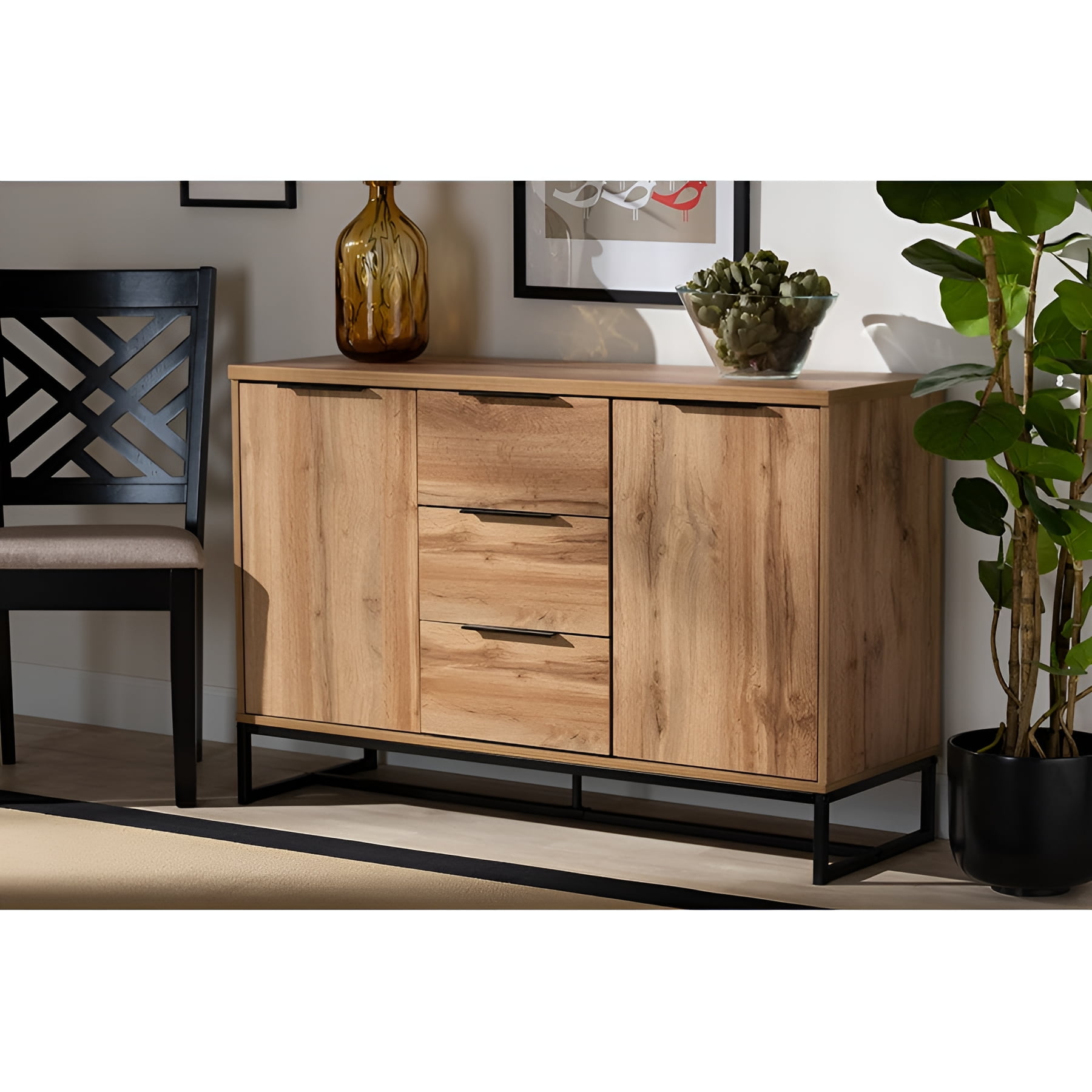 Reid Oak and Black Metal 3-Drawer Sideboard Buffet