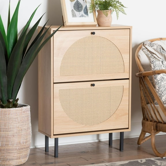 Baxton Studio Remus Classic Shoe Cabinet, 12-Pair, Light Oak