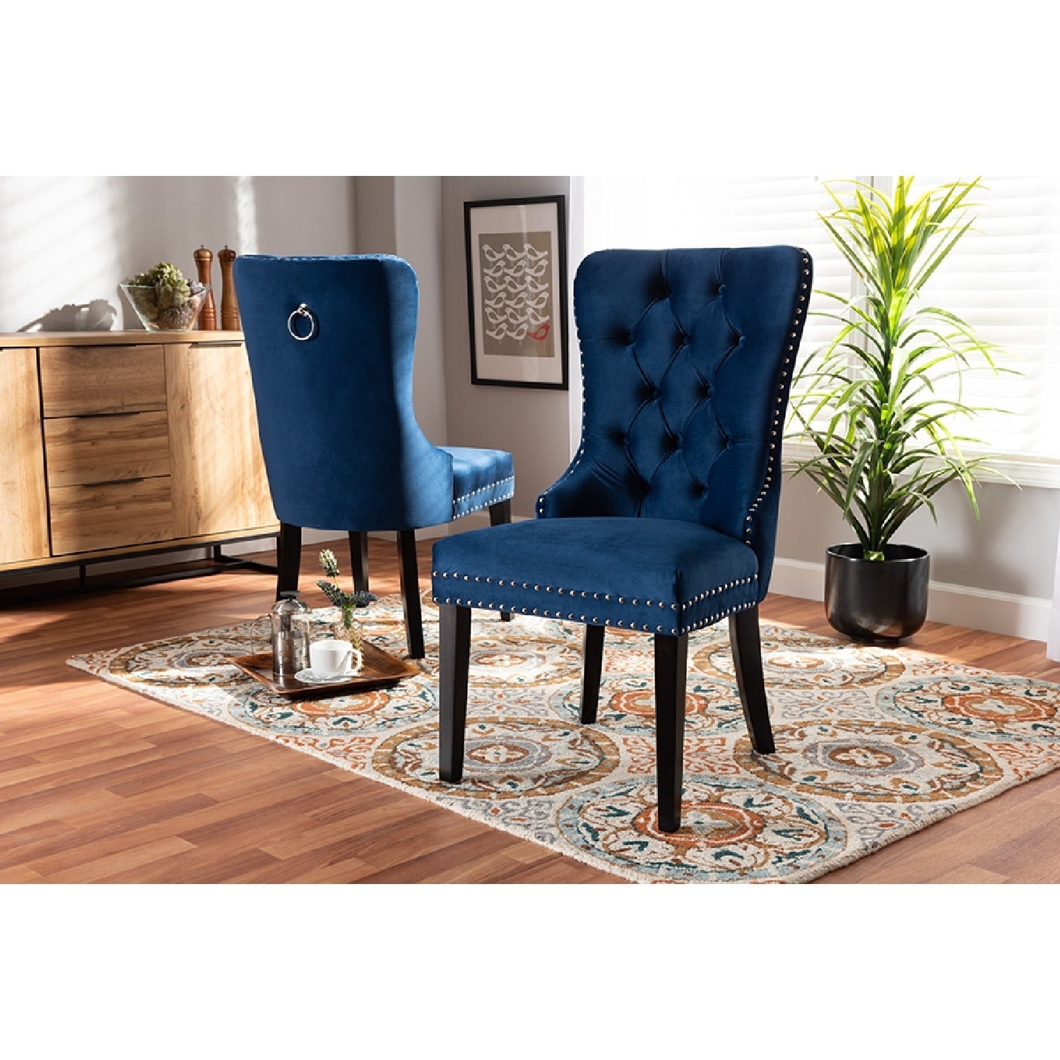 Navy Blue Velvet Upholstered Oak Dining Chair Set
