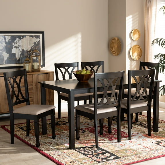 Baxton Studio Reneau Modern and Contemporary Sand Fabric Upholstered Espresso Brown Finished Wood 7-Piece Dining Set