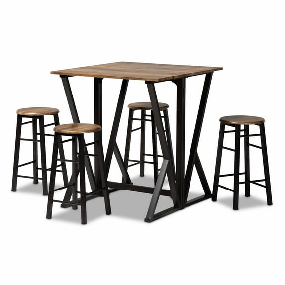 Wholesale Interiors Industrial and Rustic Walnut Finished Wood and Black Metal 5Piece Pub Set with Extendable Tabletop