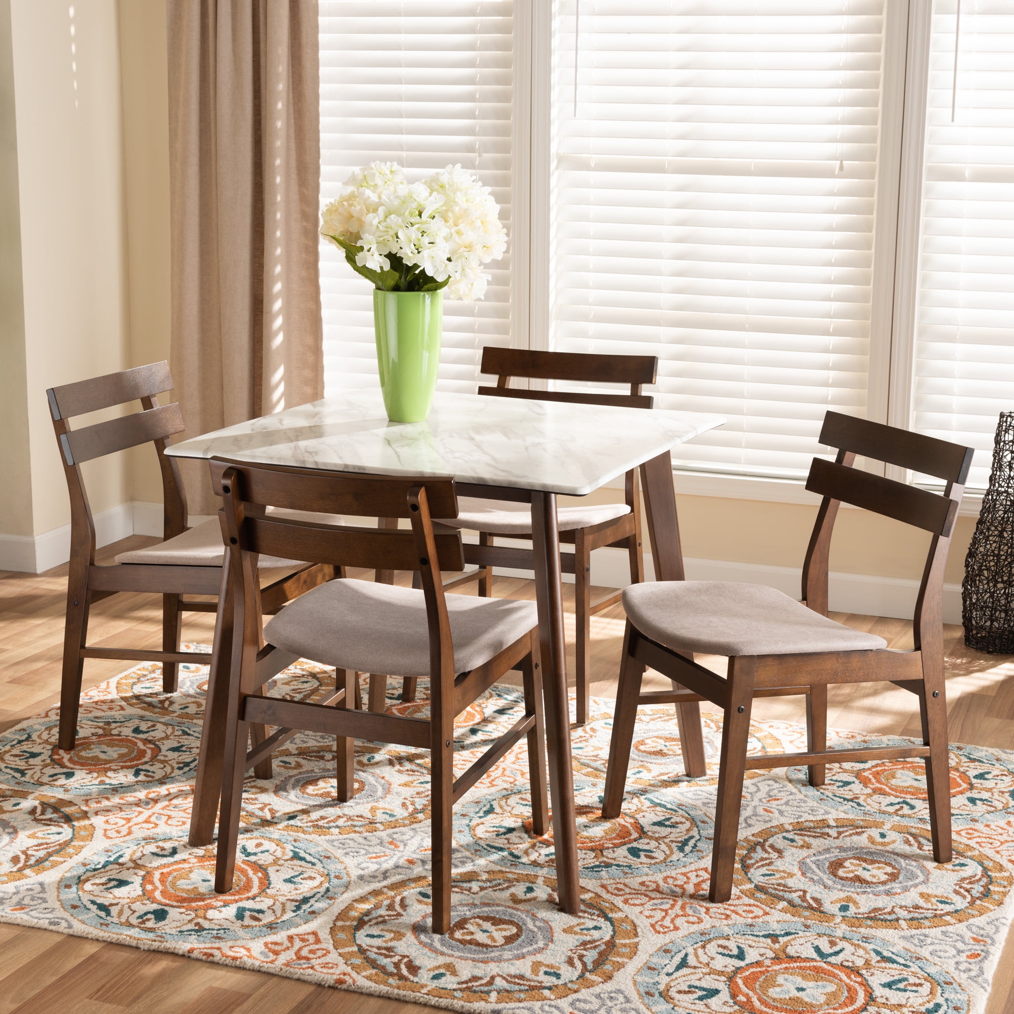 Baxton Studio Richmond Mid-Century Modern Light Beige Fabric Upholstered and Walnut Brown Finished Wood 5-Piece Dining Set with Faux Marble Dining Table