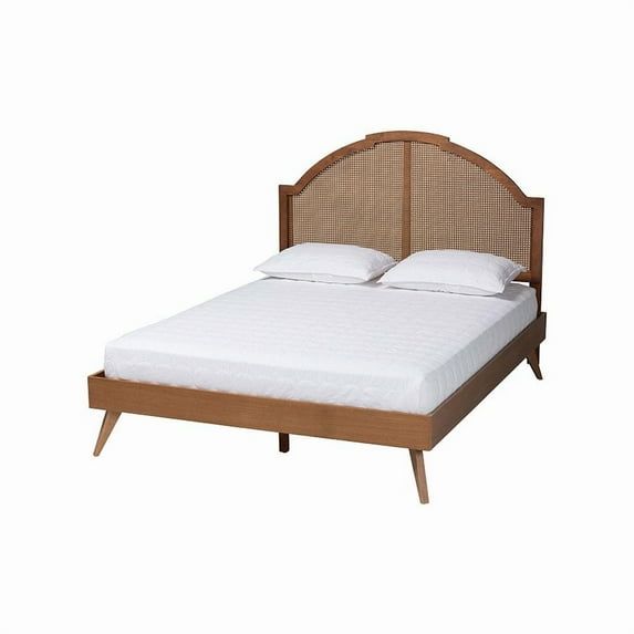 Baxton Studio Ridgely Mid-Century Walnut Brown Wood and Rattan King Size Platform Bed
