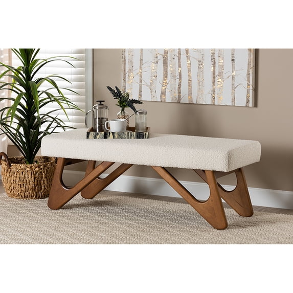Baxton Studio Rika Japandi Cream Boucle Fabric and Walnut Brown Finished Wood Bench