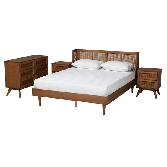 Baxton Studio Ash Walnut Finished Wood 4-Piece Full Size Bedroom Set with Synthetic Rattan
