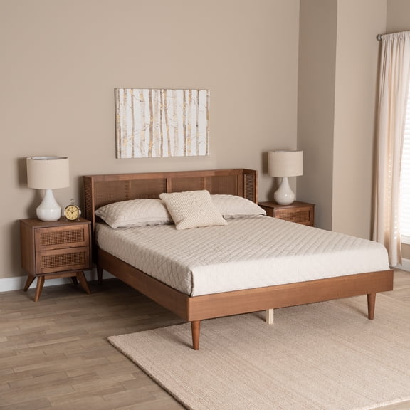 Baxton Studio Rina Mid-Century Modern Ash Walnut Finished Wood 3-Piece Full Size Bedroom Set with Synthetic Rattan