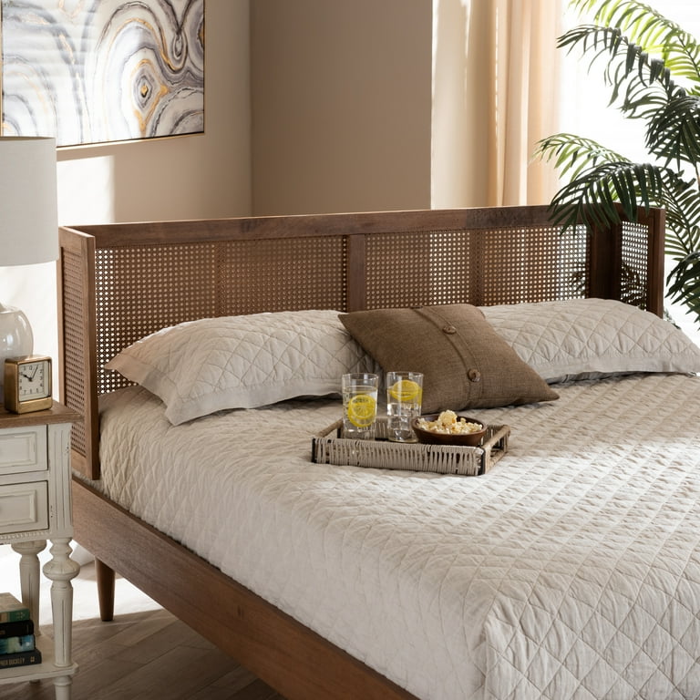 Baxton Studio Rina Mid-Century Modern Ash Wanut Finished Wood and Synthetic Rattan King Size Platform Bed with Wrap-Around Headboard Baxton Studio Rina Mid-Century Modern Ash Wanut Finished Wood and Synthetic Rattan King Size Platform Bed with Wrap-Around Headboard