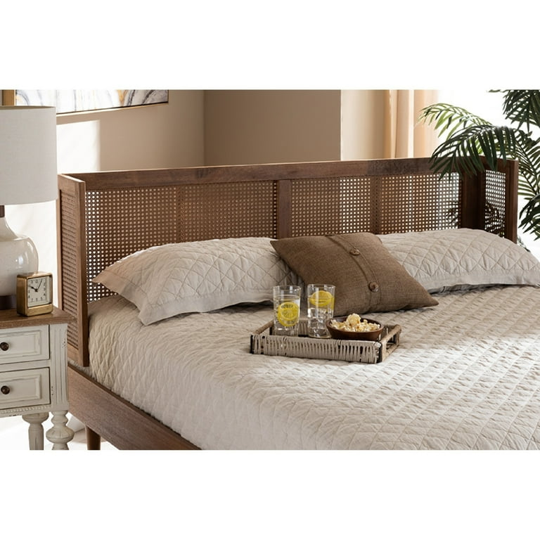 Baxton Studio Rina Mid Century Modern Ash Wanut Finished Wood and Synthetic Rattan Queen Size Wrap Around Walmart