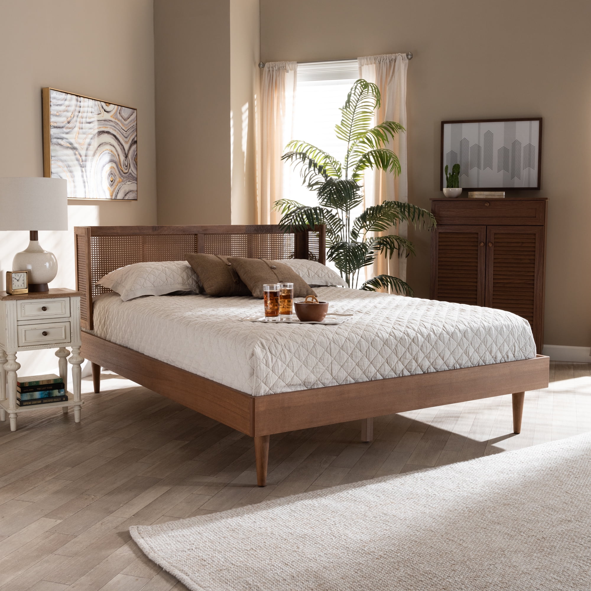 Baxton Studio Rina Mid-Century Modern Ash Wanut Finished Wood and Synthetic Rattan Queen Size Platform Bed with Wrap-Around Headboard Baxton Studio Rina Mid-Century Modern Ash Wanut Finished Wood and Synthetic Rattan Queen Size Platform Bed with Wrap-Around Headboard