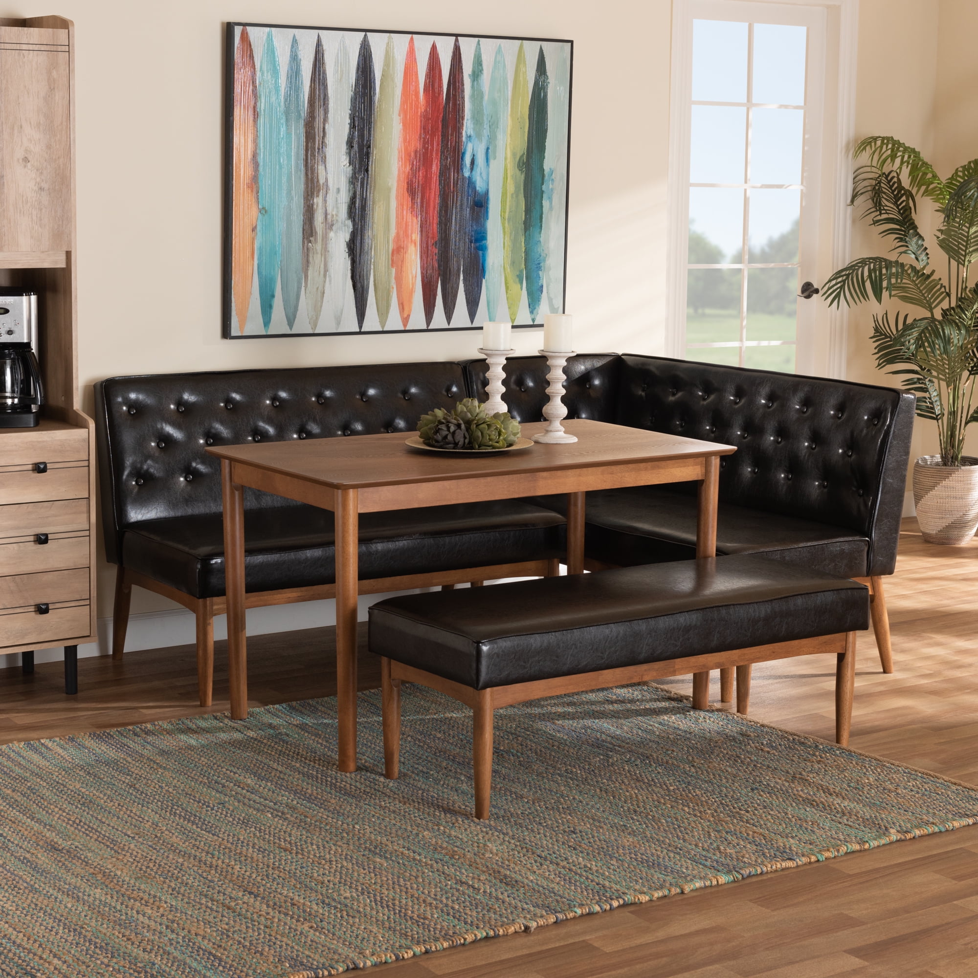 Baxton Studio Riordan Mid-Century Dining Nook Set, 4-Piece, Walnut Brown