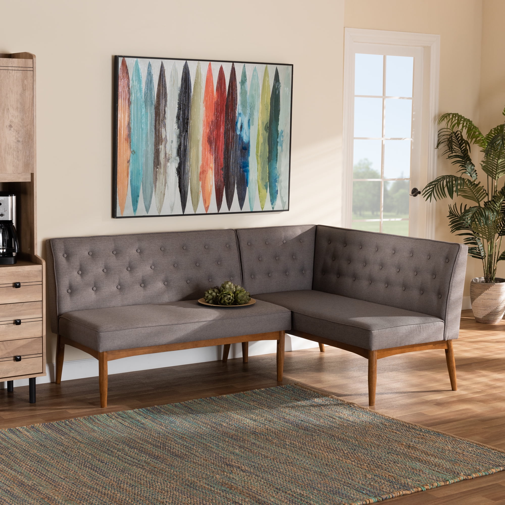 Baxton Studio Riordan Mid Century Modern Grey Fabric Upholstered and Walnut Brown Finished Wood 2 Piece Dining Nook Banquette Set Walmart