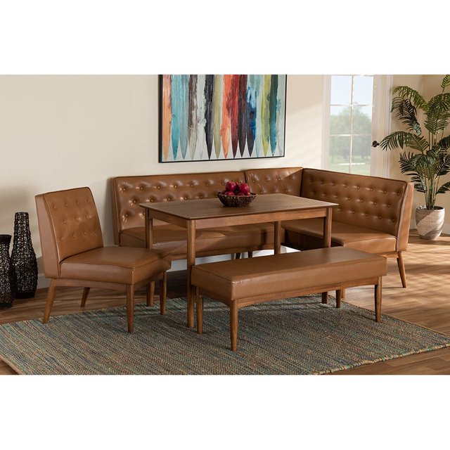 Baxton Studio Riordan Mid-Century Modern Dark Brown Faux Leather Upholstered and Walnut Brown Finished Wood 2-Piece Dining Nook Banquette Set main image 1