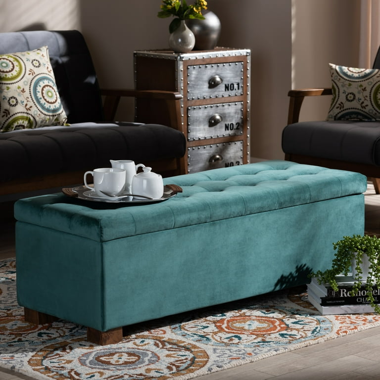 Baxton Studio Roanoke Modern and Contemporary Teal Blue Velvet Fabric Upholstered Grid Tufted Storage Ottoman Bench