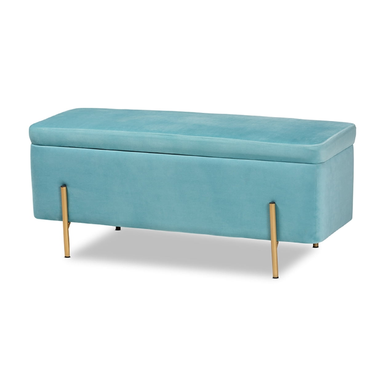 Sky Blue Velvet and Gold Metal Storage Bench