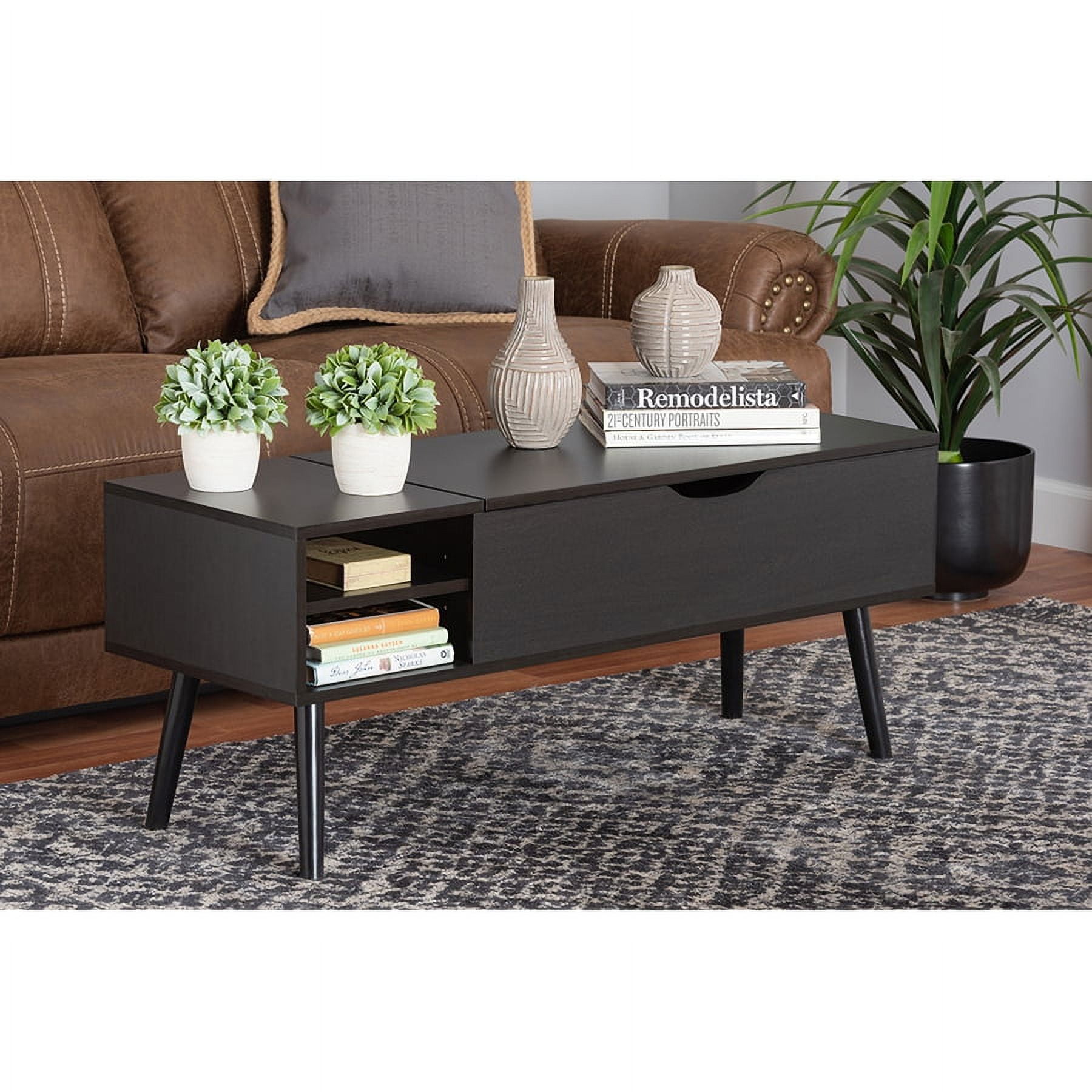 Roden Modern Two-Tone Black and Espresso Rectangular Wood Coffee Table with Lift-Top Storage