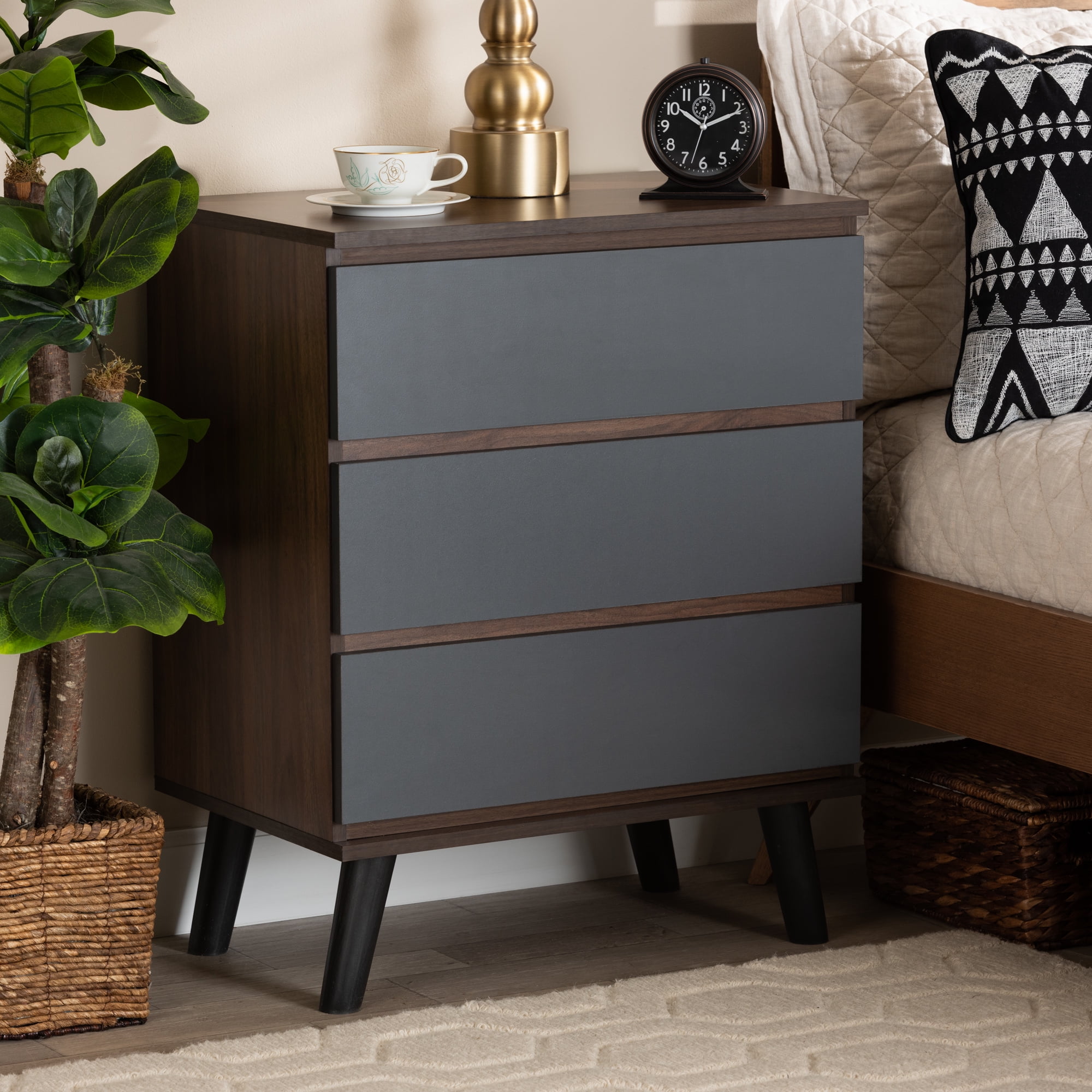 Baxton Studio Roldan 3-Drawer Dresser, Grey/Walnut Brown, 29.9" High x 23.6" Wide x 15.7" Deep