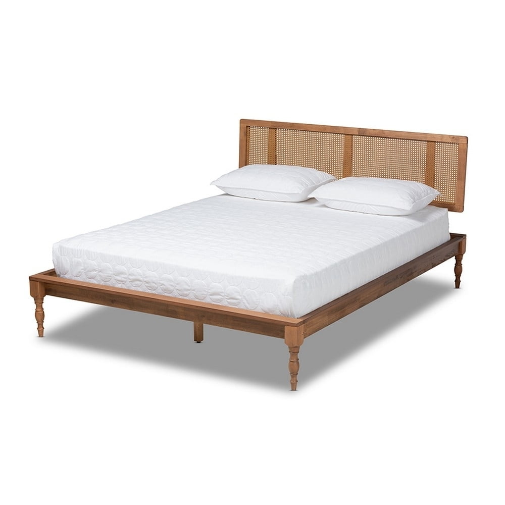 Romy Full Size Walnut Wood and Rattan Upholstered Bed