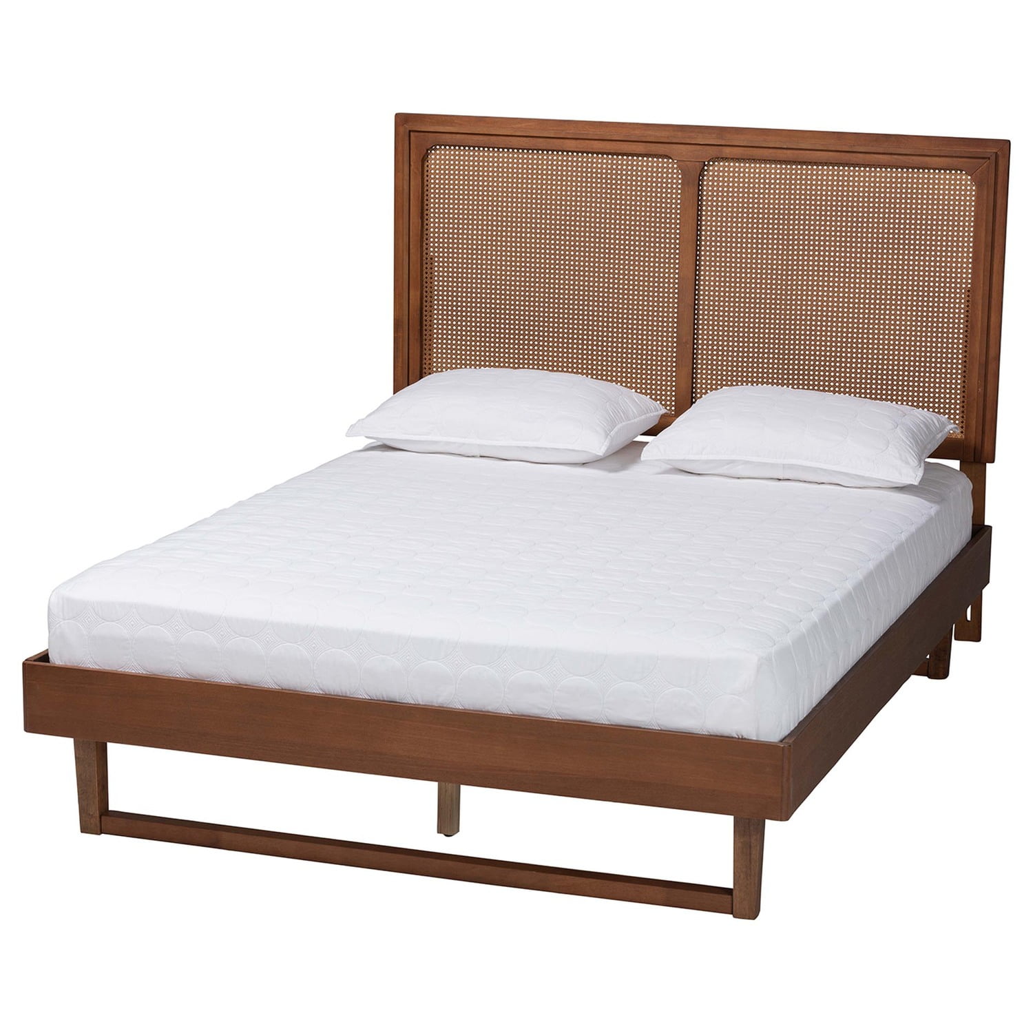 Walnut Brown Queen Wood Frame Upholstered Bed with Rattan Headboard