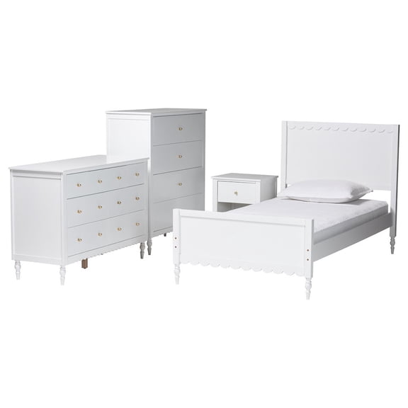 Baxton Studio Roni Modern White Wood 4-Piece Twin Bedroom Set with Scalloped Edges
