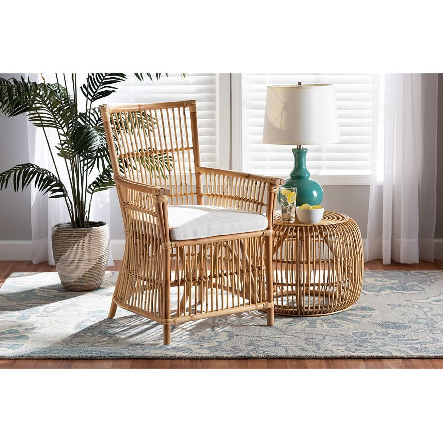 Rose White and Natural Rattan Accent Chair with Cushion