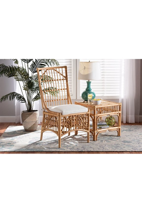 Baxton Studio Rose Modern Bohemian White Fabric Upholstered and Natural Brown Rattan Dining Chair