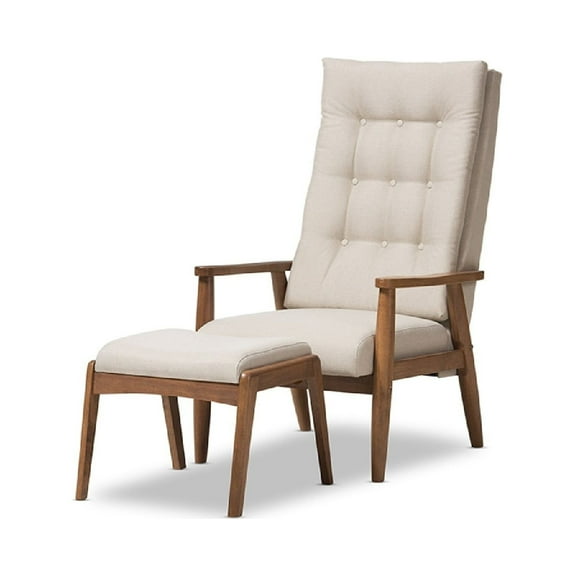 Baxton Studio Roxy Mid-Century Modern Walnut Wood Finishing and Light Beige Upholstered Button-Tufted High-Back Lounge