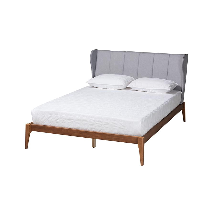 Royce Queen Walnut Wood Frame Gray Upholstered Wingback Bed