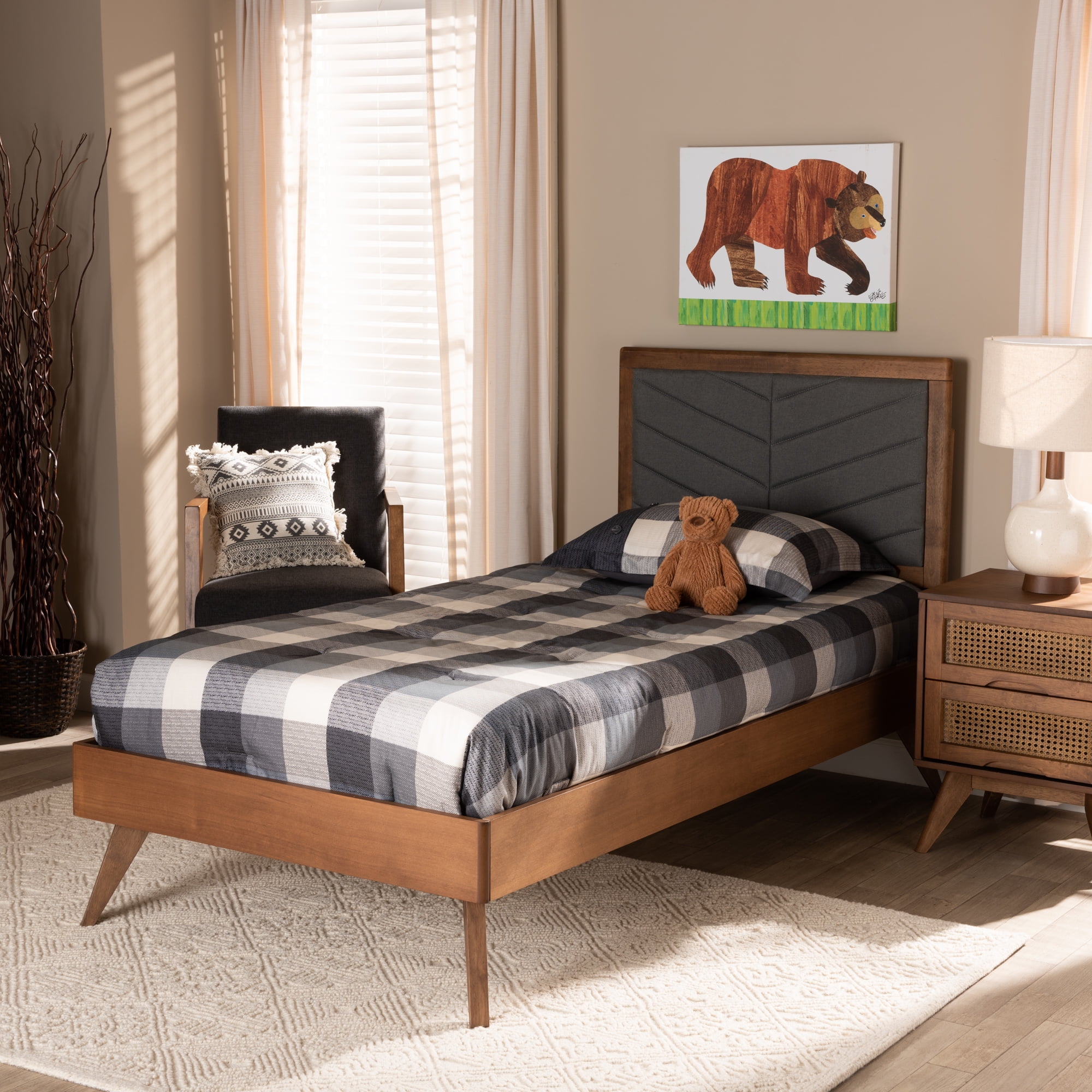Baxton Studio Roze Mid-Century Modern Dark Grey Fabric Upholstered and Walnut Brown Finished Wood Twin Size Platform Bed