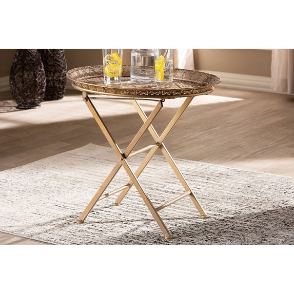 Baxton Studio Sabah Traditional Moroccan Inspired Matte Antique Gold Finished Metal Foldable Accent Tray Table