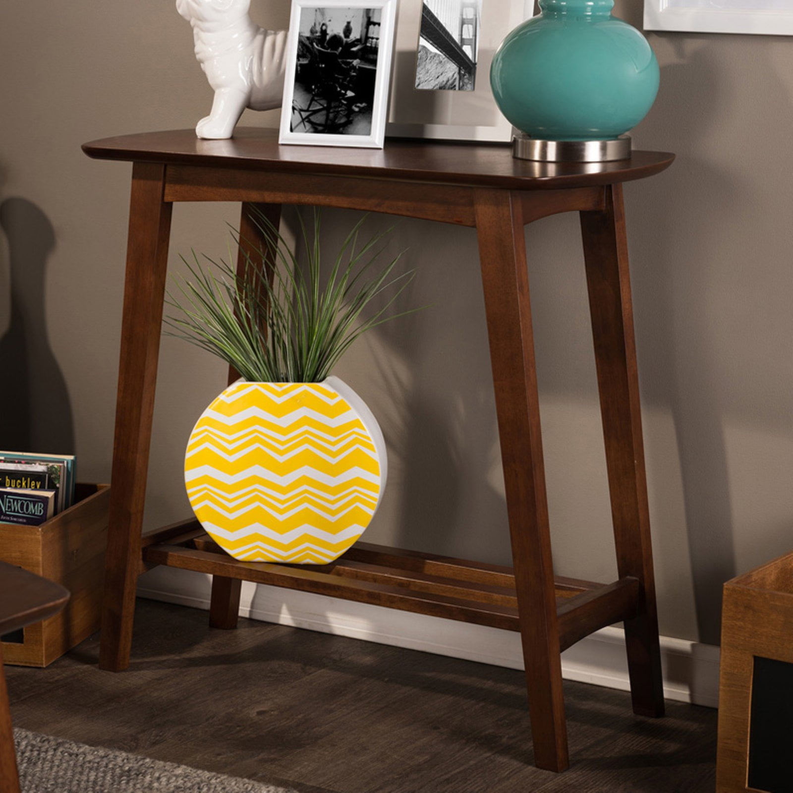 Sacramento Dark Walnut Mid-Century Console Table with Storage Shelf