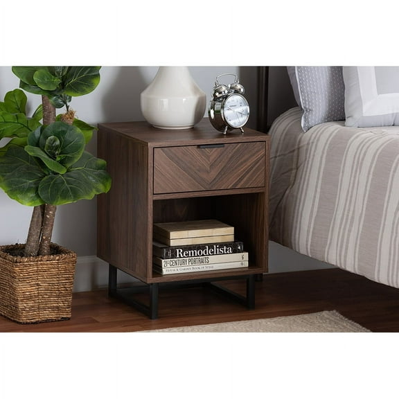 Baxton Studio Sadia Modern Walnut Brown Finished Wood and Black Metal 1-Drawer End Table