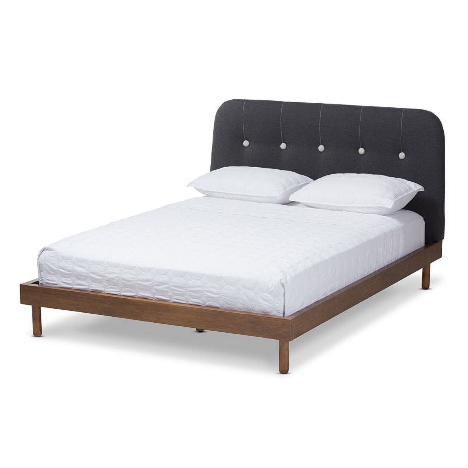 Full Dark Grey Upholstered Walnut Wood Platform Bed