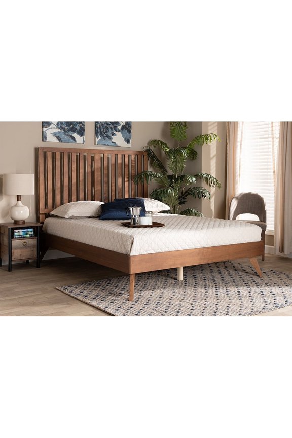 Baxton Studio Saki Mid-Century Modern Walnut Brown Finished Wood Queen Size Platform Bed